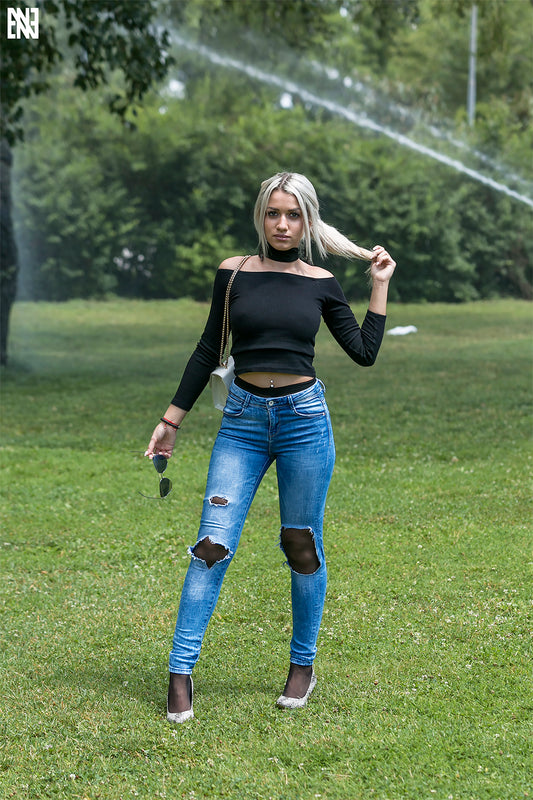 Jeans and sprinkler