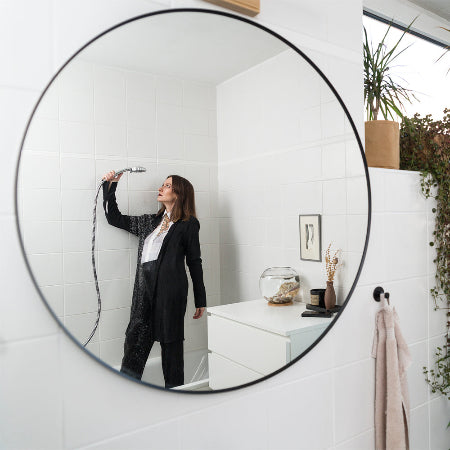 Bathroom and red shoes